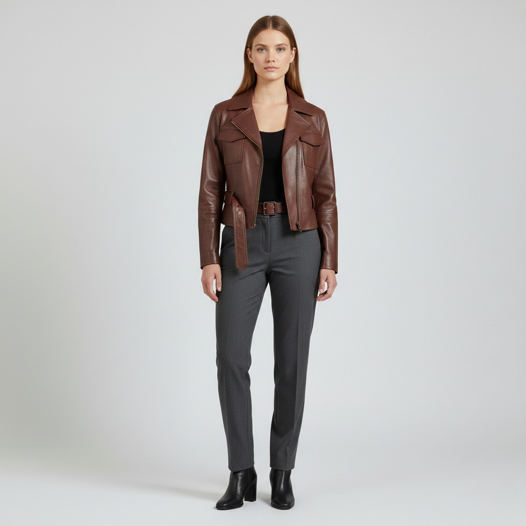 Kort læderjakke med bælte