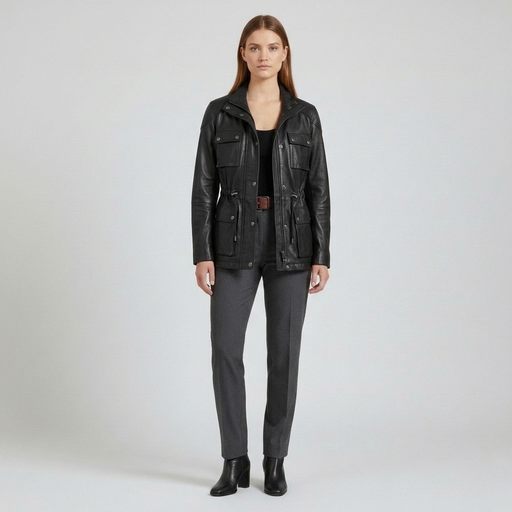 Kort læderjakke med bælte