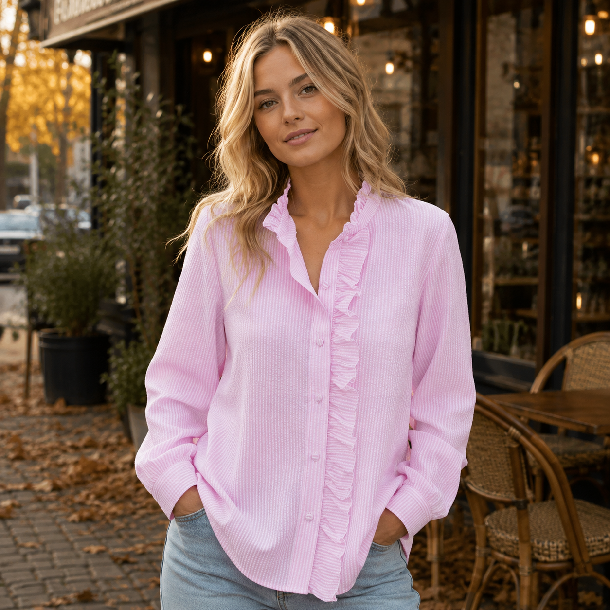Bluse Til Kvinder Med Flæsedetaljer Og Elegant Knaplukning