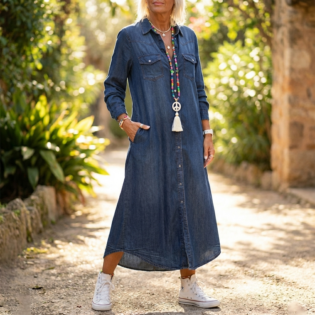 Denim Kjole med Knappelukning | Lang Silhuet | Afslappet & Tidløs Stil