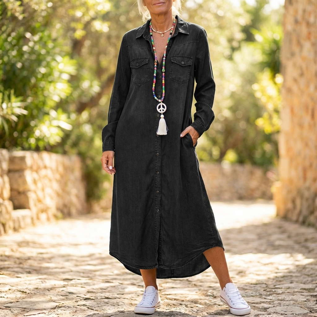 Denim Kjole med Knappelukning | Lang Silhuet | Afslappet & Tidløs Stil