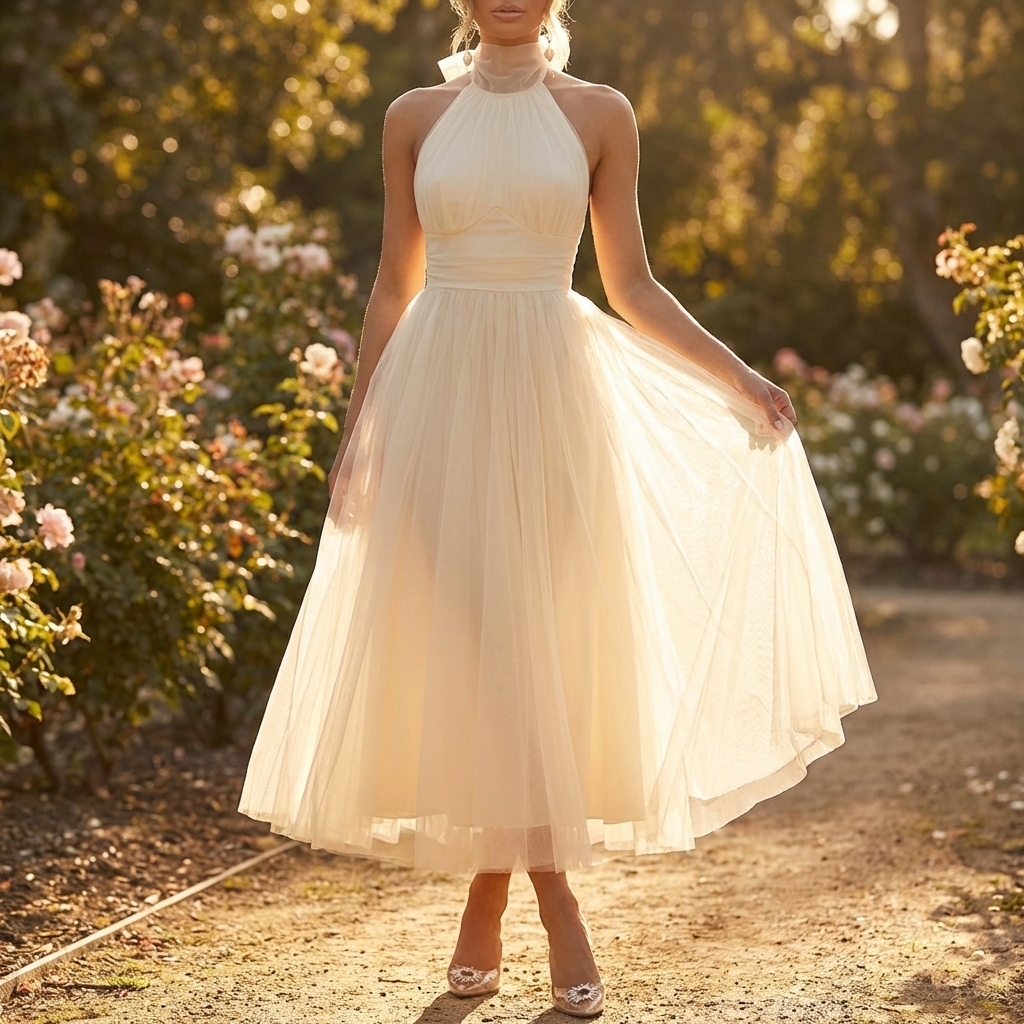 Kjole med Nederdel i Tyl | Halterneck Design | Elegant & Voluminøs Silhuet