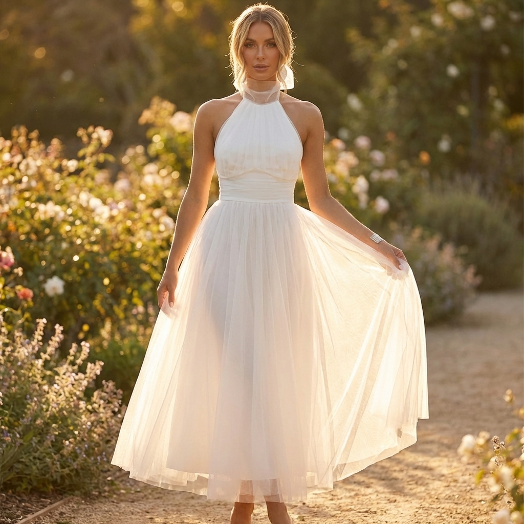 Kjole med Nederdel i Tyl | Halterneck Design | Elegant & Voluminøs Silhuet