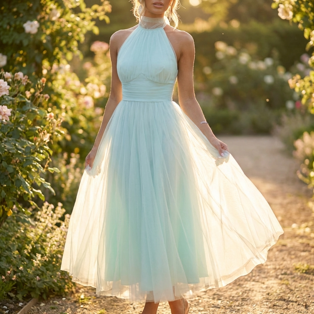 Kjole med Nederdel i Tyl | Halterneck Design | Elegant & Voluminøs Silhuet