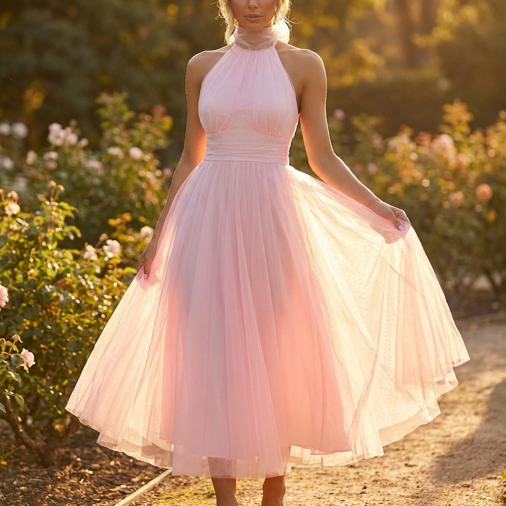 Kjole med Nederdel i Tyl | Halterneck Design | Elegant & Voluminøs Silhuet