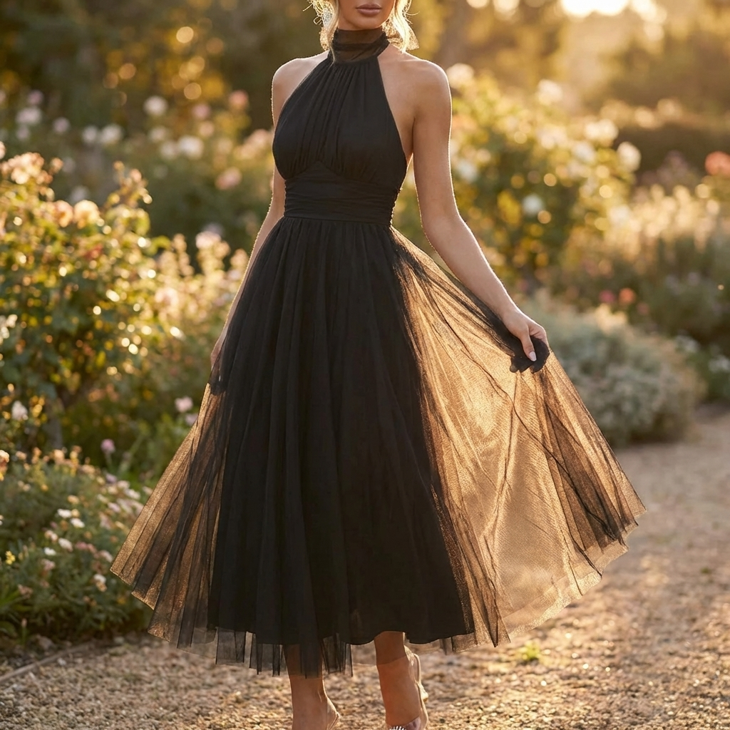 Kjole med Nederdel i Tyl | Halterneck Design | Elegant & Voluminøs Silhuet