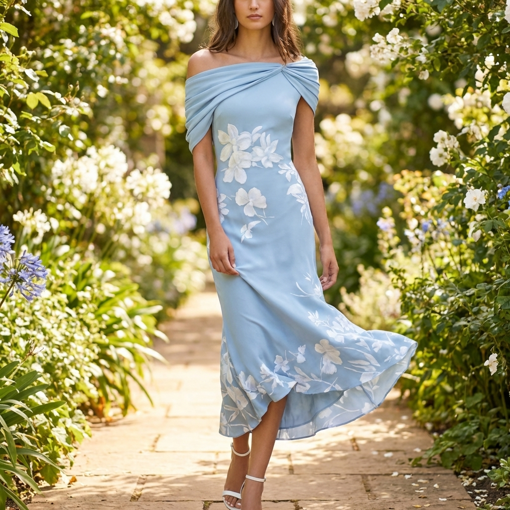 Sommerkjole med Off-Shoulder Design | Figursyet Silhuet & Blomsterprint | Elegant & Feminint Udtryk