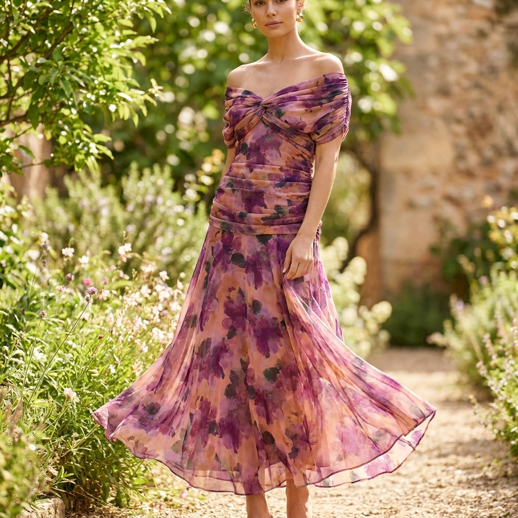 Kjole med Off-Shoulder Design | Draperet Overdel & Figursyet Snit | Elegant & Sofistikeret Stil