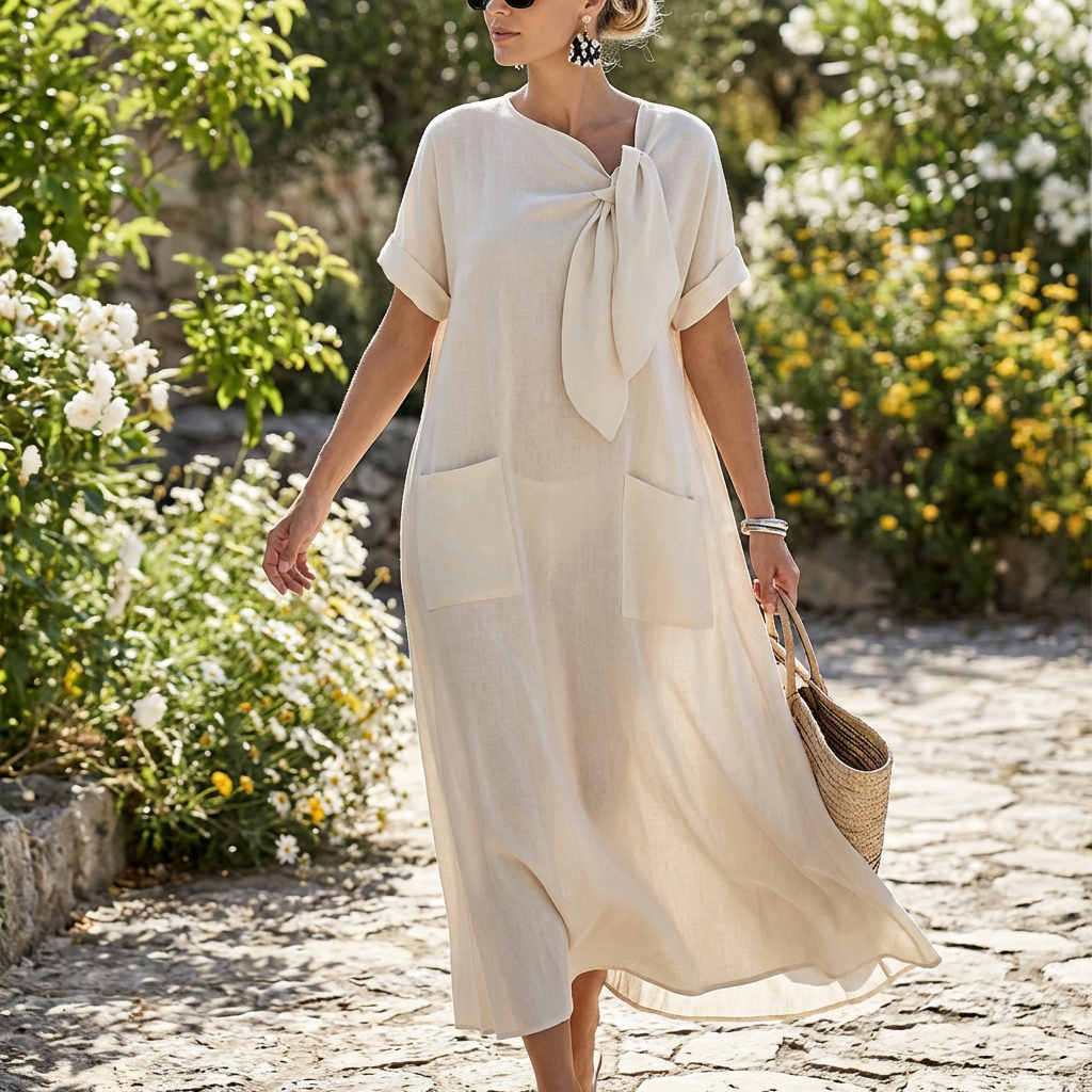 Kjole med Løs Silhuet | V-Hals & Bindebånd | Afslappet & Elegant Komfort