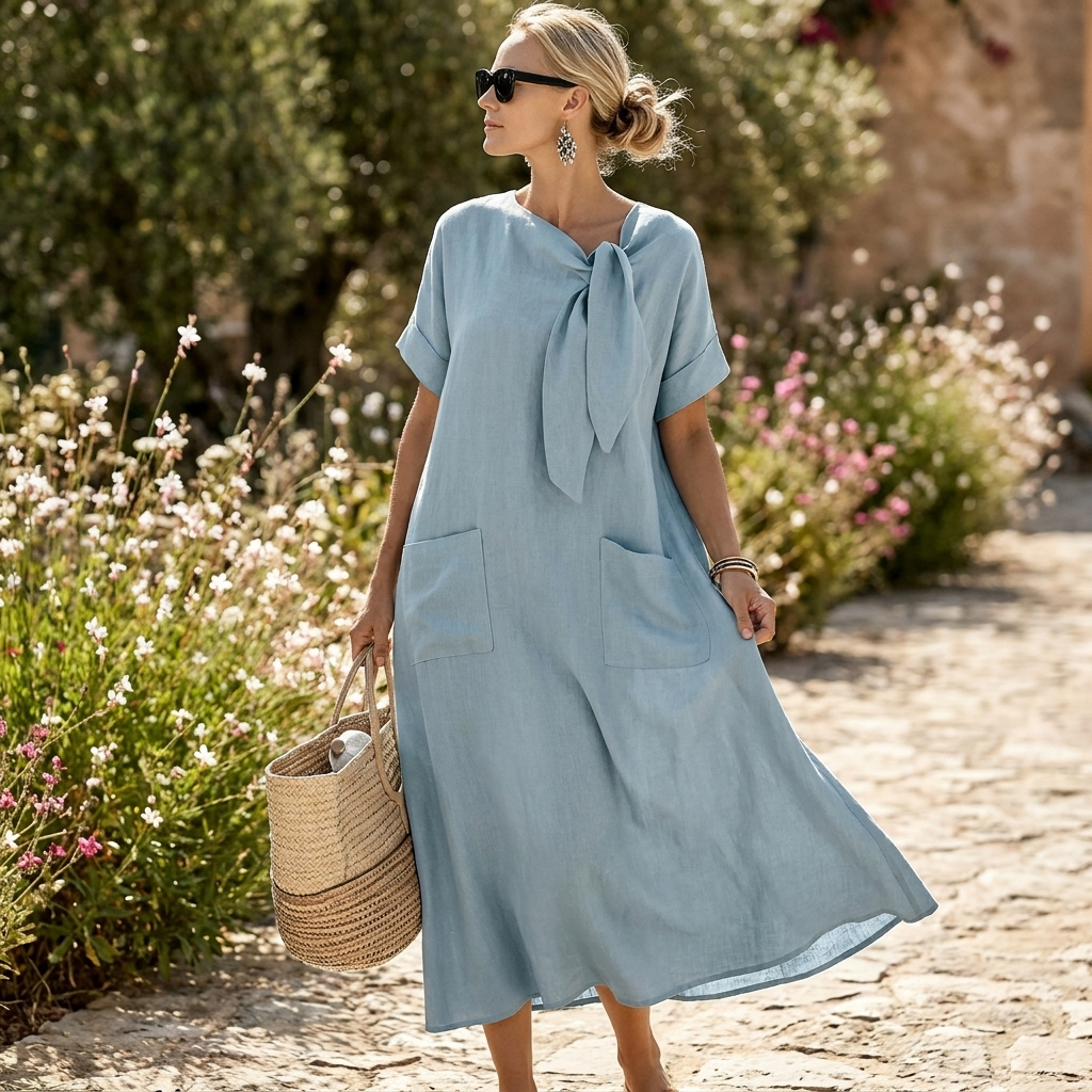 Kjole med Løs Silhuet | V-Hals & Bindebånd | Afslappet & Elegant Komfort