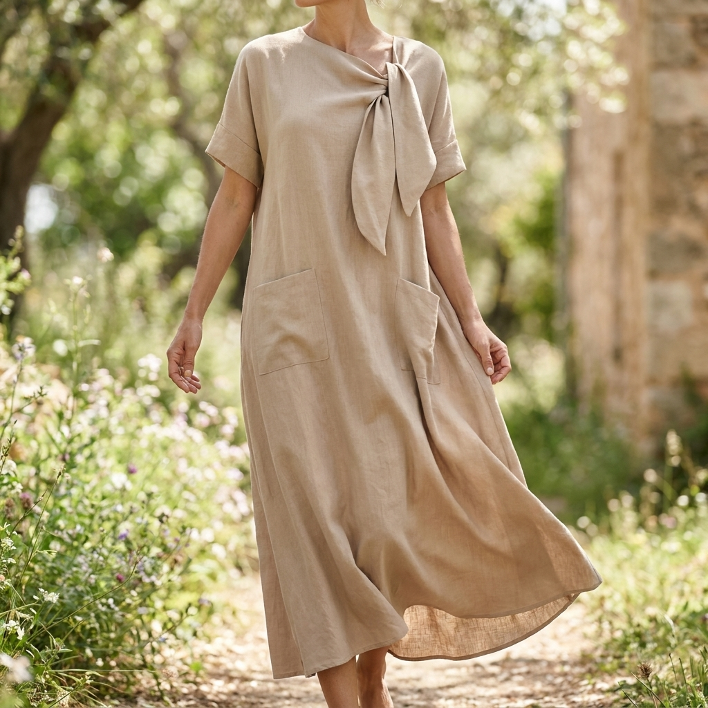 Kjole med Løs Silhuet | V-Hals & Bindebånd | Afslappet & Elegant Komfort