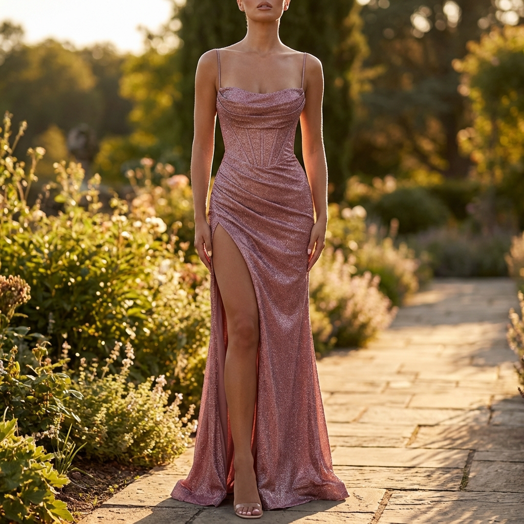 Kjole med Glitrende Finish | Høj Slids | Elegant & Figursyet Aftenlook