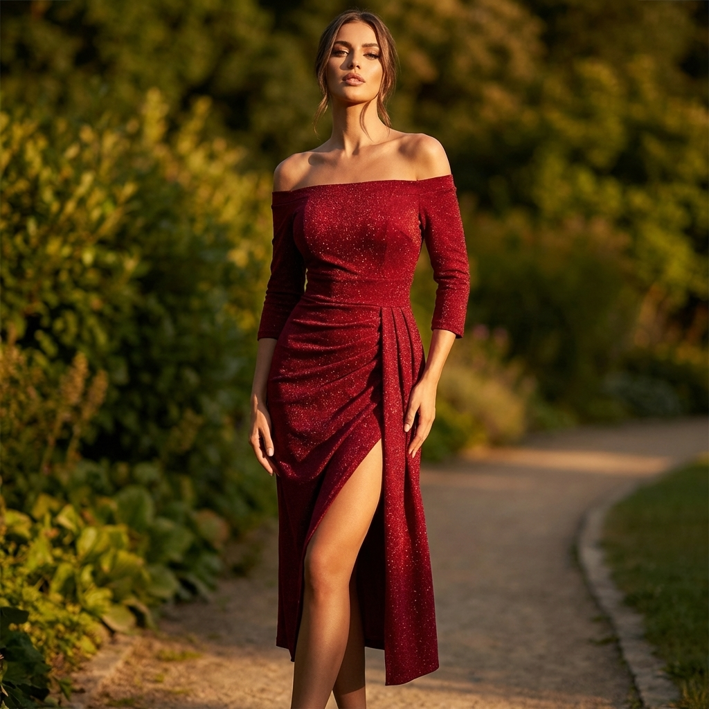 Kjole med Off-Shoulder Design | Draperet Nederdel | Elegant & Figursyet Silhuet