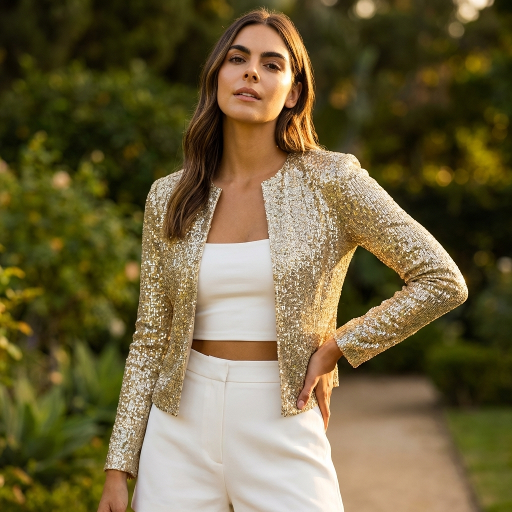 Forårsjakke med Glitrende Struktur | Let Åben Front | Elegant & Sofistikeret Look