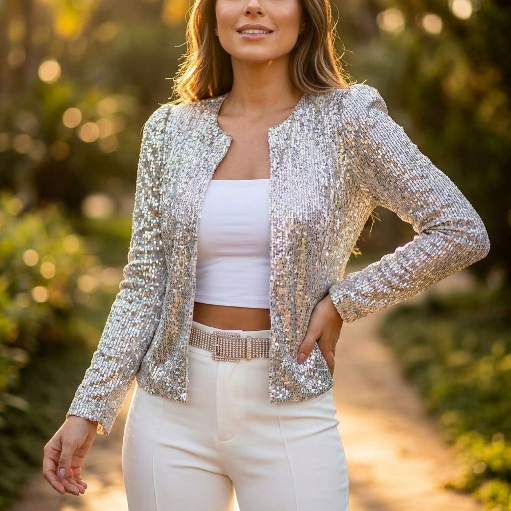 Forårsjakke med Glitrende Struktur | Let Åben Front | Elegant & Sofistikeret Look