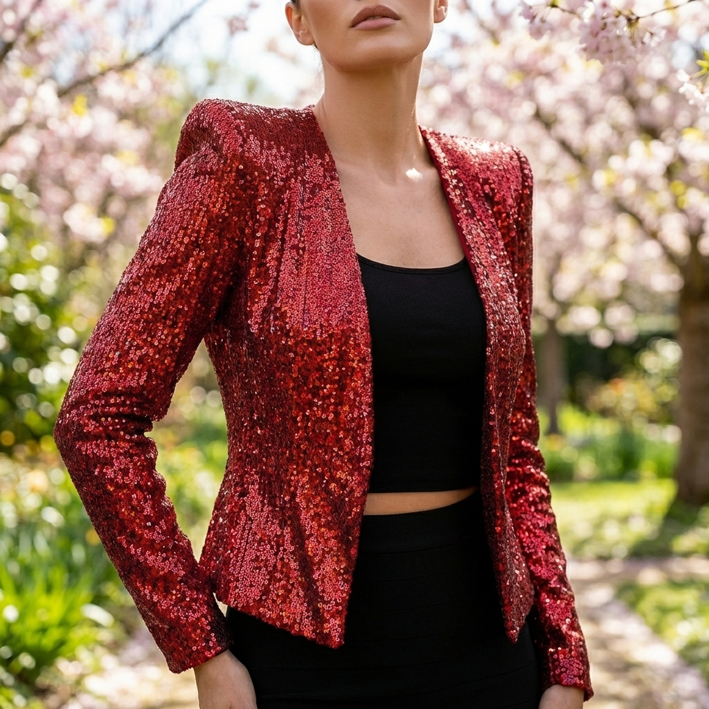 Forårsjakke med Glitrende Struktur | Let Åben Front | Elegant & Sofistikeret Look