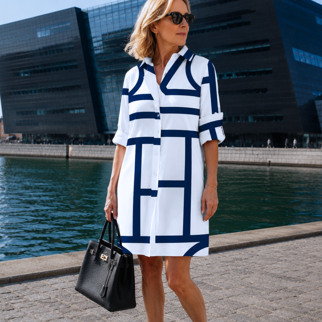 Elegant kjole med Geometrisk Print | Moderne Skjortekjole Design | Let & Stilfuld Pasform