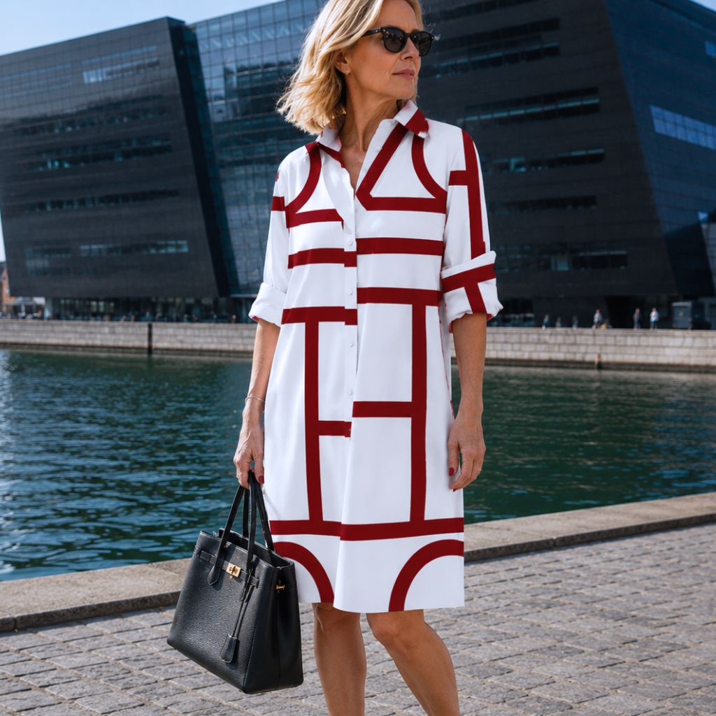 Elegant kjole med Geometrisk Print | Moderne Skjortekjole Design | Let & Stilfuld Pasform