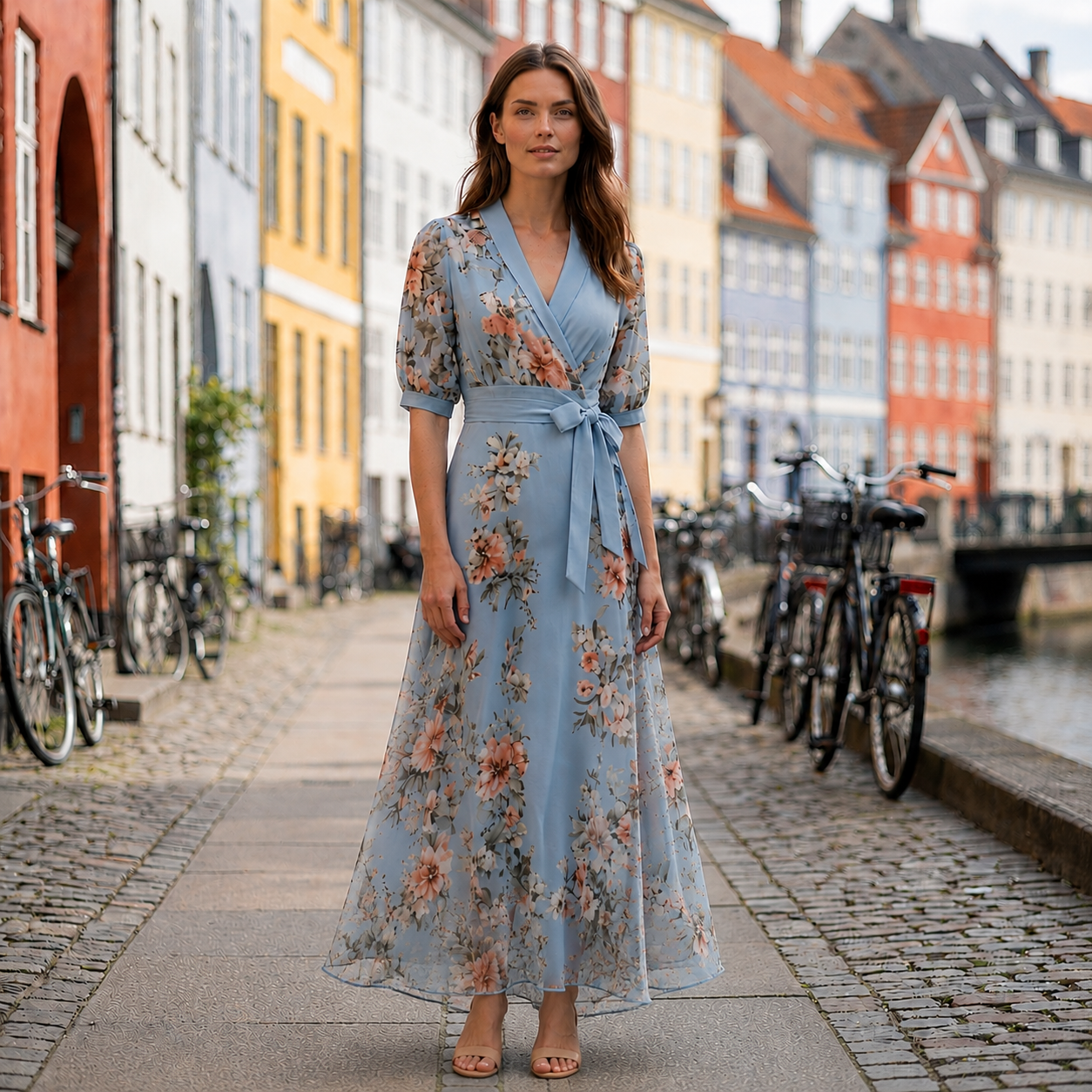 Midi-kjole med Blomstermønster | V-Hals Omslagsdesign | Elegant & Feminin