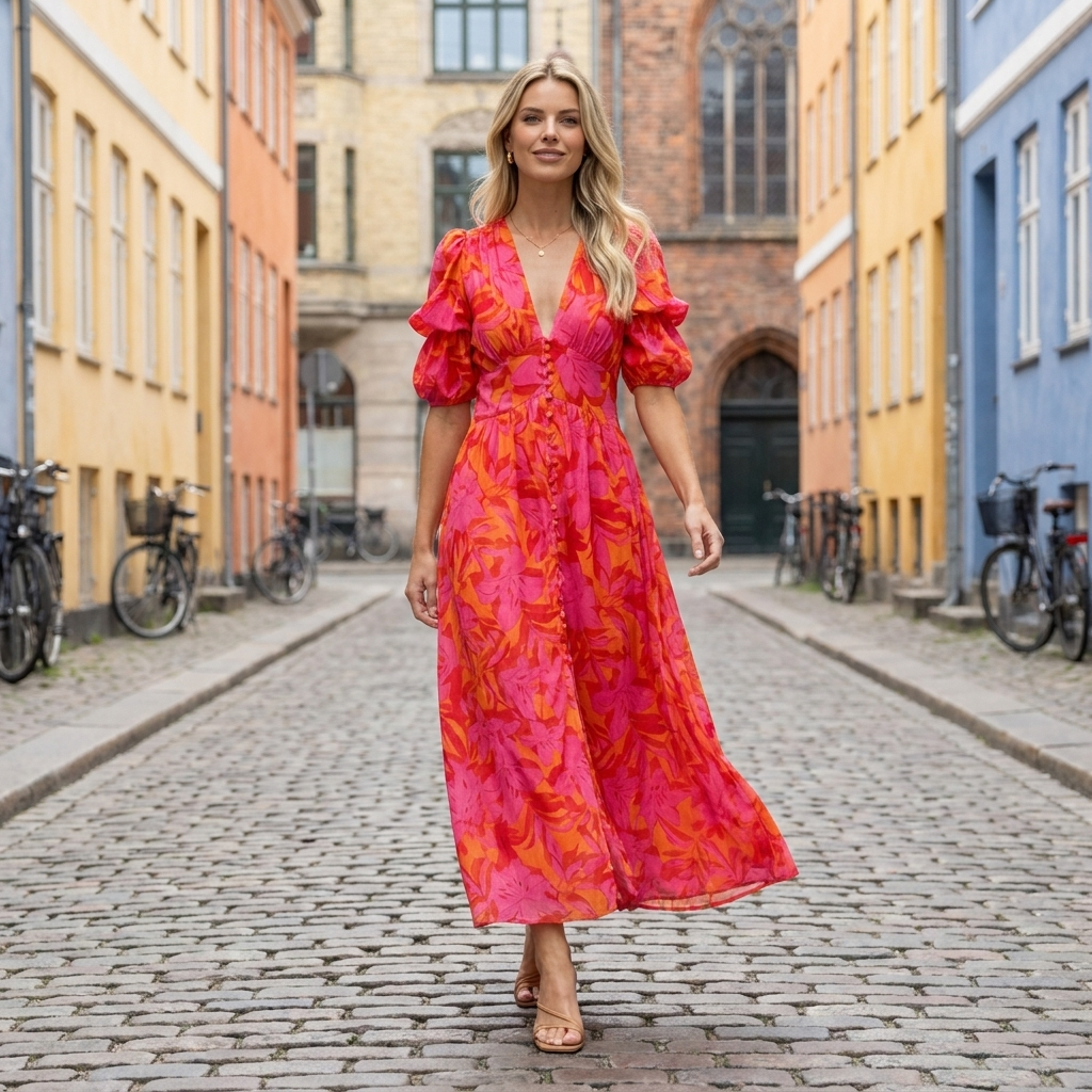 Sommerkjole med blomsterprint | V-hals & pufærmer | Feminin & Elegant Sommerstil