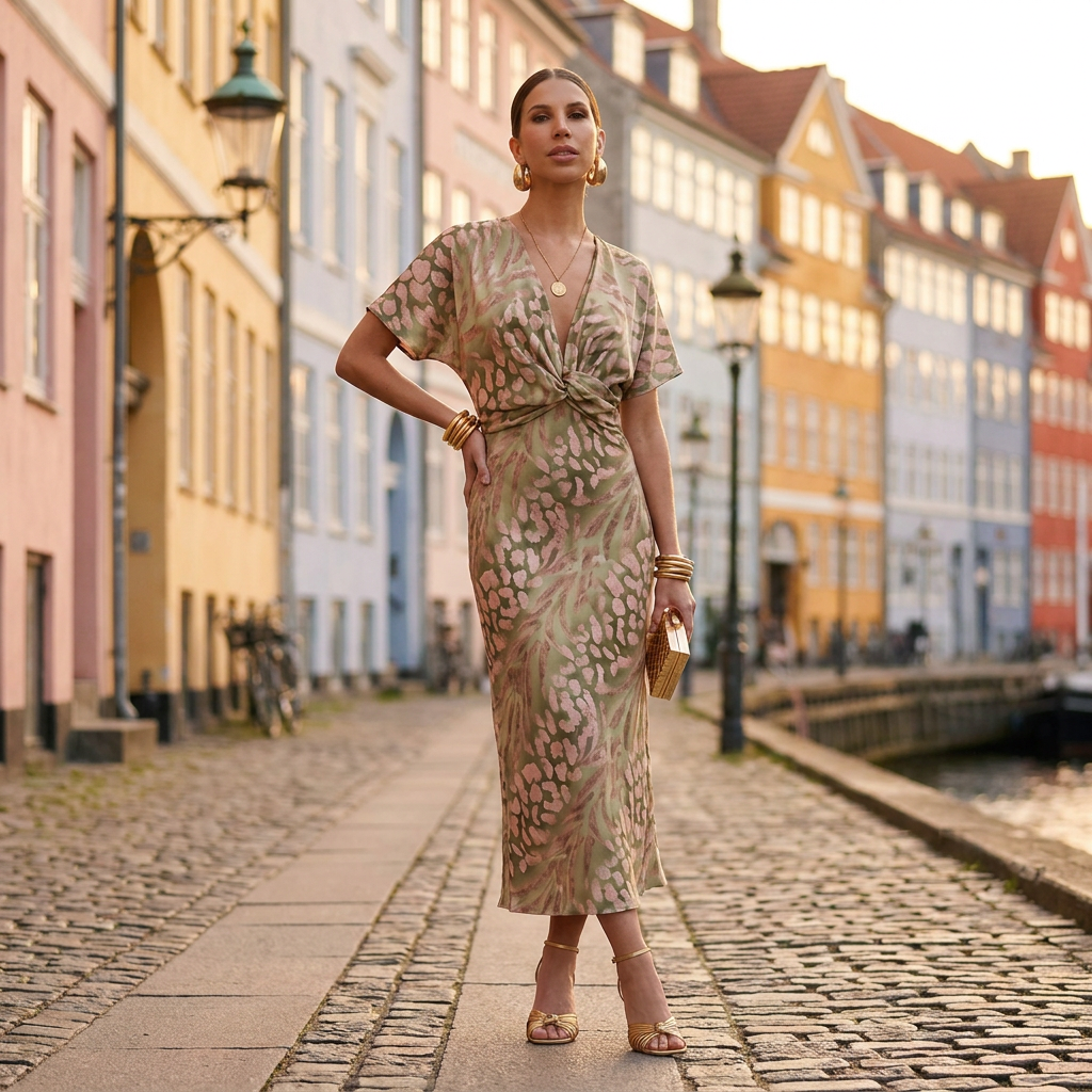 Midikjole til kvinder med mønsterdetaljer | V-hals & taljefremhævende design | Elegant & Feminin Stil