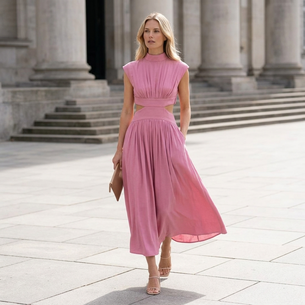 Elegante Midikjole med Cut-out Detaljer | Høj Hals & Markeret Talje | Sofistikeret & Flatterende Silhuet