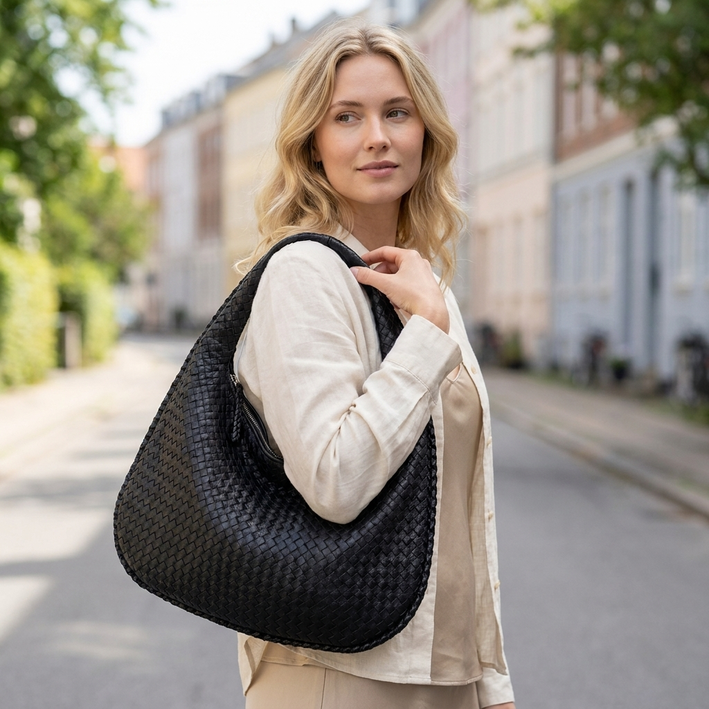 Håndvævet Vintage-Taske med Rummelig Silhuet | Lynlåslukning & Bred Skulderrem | Praktisk Hverdagsstil