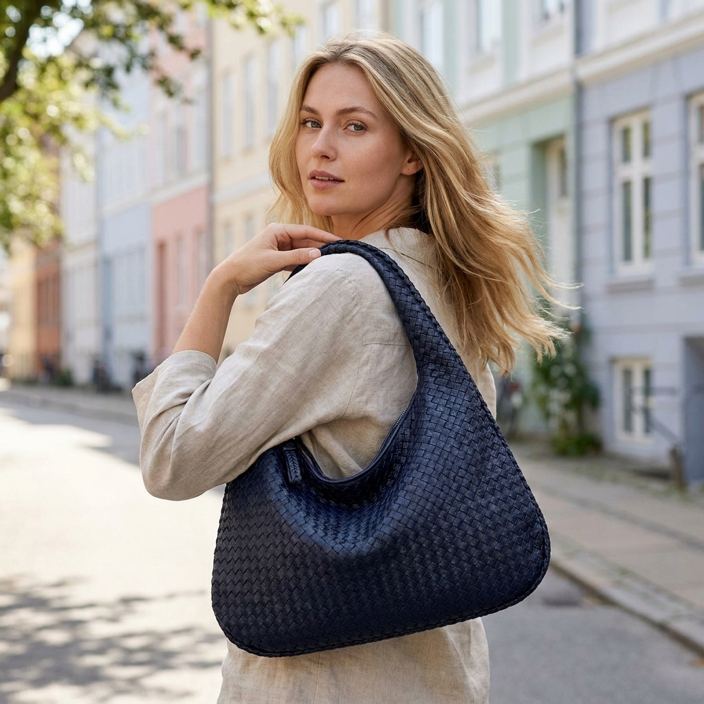 Håndvævet Vintage-Taske med Rummelig Silhuet | Lynlåslukning & Bred Skulderrem | Praktisk Hverdagsstil