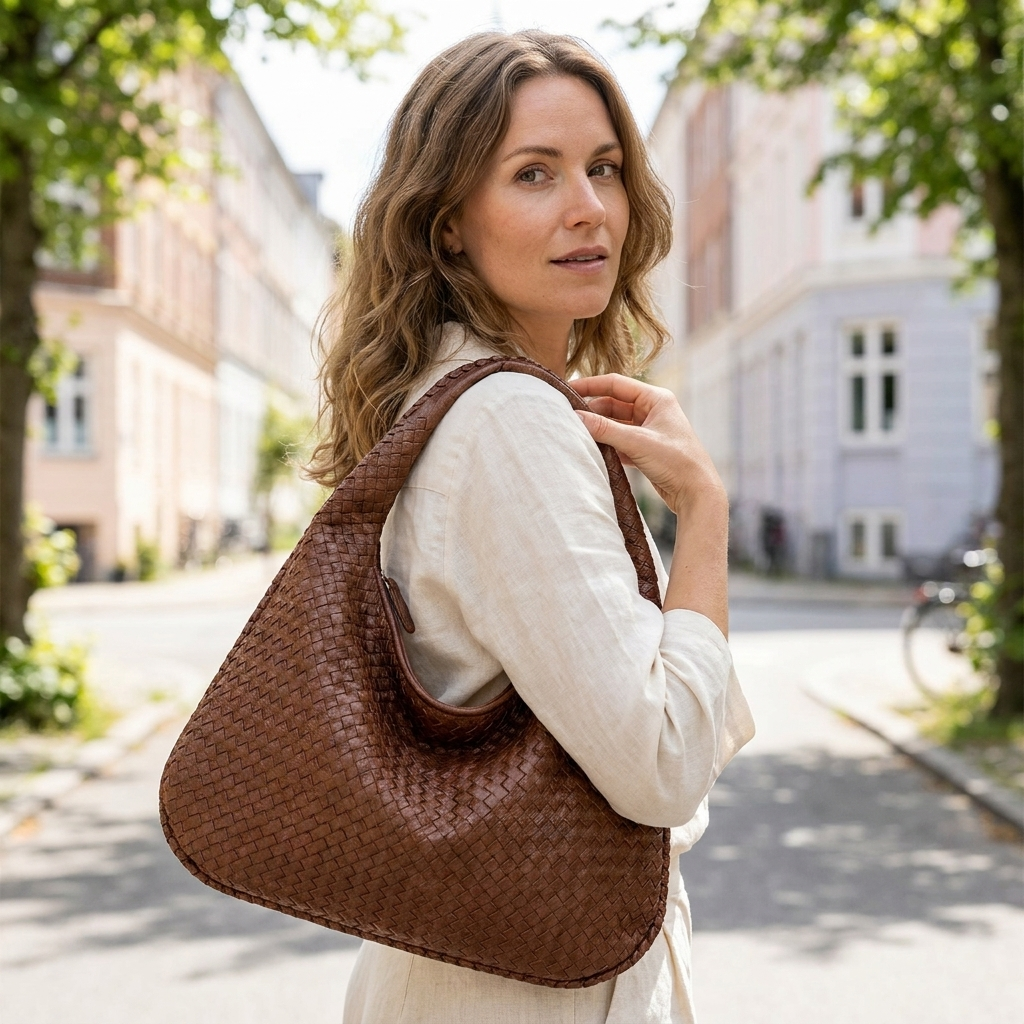 Håndvævet Vintage-Taske med Rummelig Silhuet | Lynlåslukning & Bred Skulderrem | Praktisk Hverdagsstil