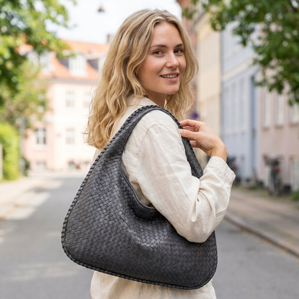 Håndvævet Vintage-Taske med Rummelig Silhuet | Lynlåslukning & Bred Skulderrem | Praktisk Hverdagsstil