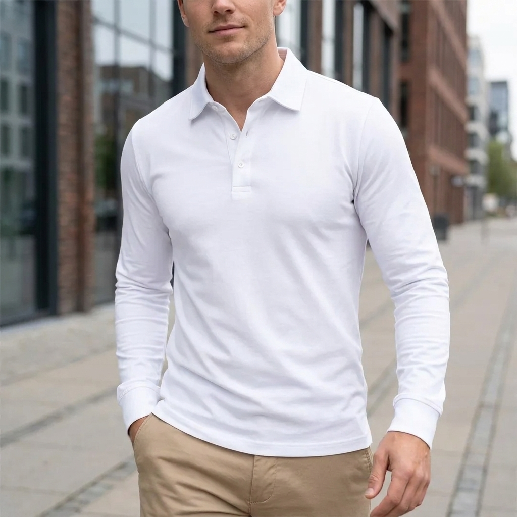 Langærmet Poloshirt med Klassisk Krave | Knaplukning & Slank Pasform | Komfortabel & Tidløs Hverdagsstil