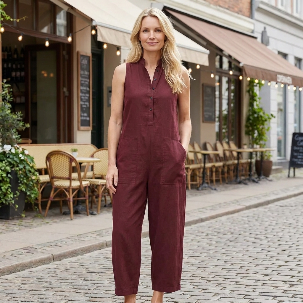Ærmeløs Jumpsuit i Hør med Knaplukning | Brede Ben & Praktiske Lommer | Let & Elegant Hverdagskomfort