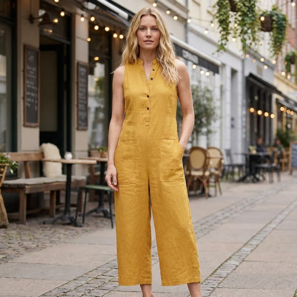 Ærmeløs Jumpsuit i Hør med Knaplukning | Brede Ben & Praktiske Lommer | Let & Elegant Hverdagskomfort