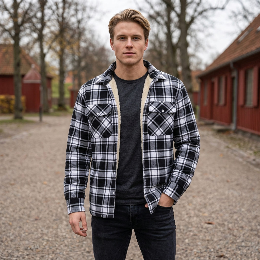 Sherpa-foret Ternet Jakke til Herre | Varm Sherpa-foring & Klassisk Skovmandsdesign | Komfort til Kølige Dage