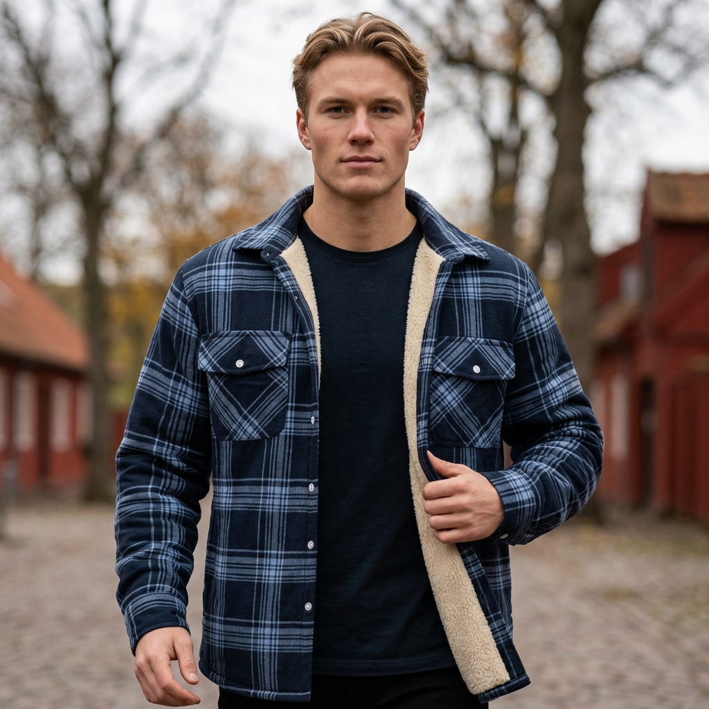 Sherpa-foret Ternet Jakke til Herre | Varm Sherpa-foring & Klassisk Skovmandsdesign | Komfort til Kølige Dage