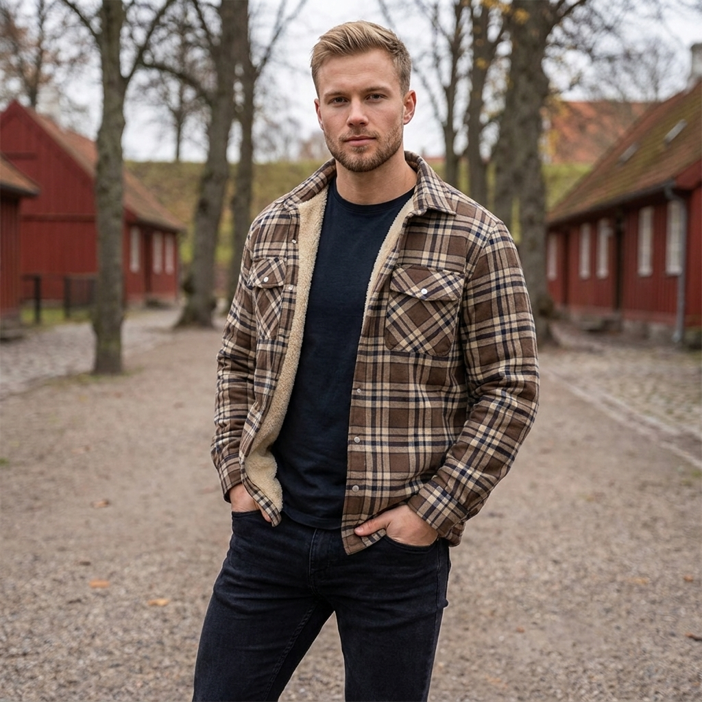 Sherpa-foret Ternet Jakke til Herre | Varm Sherpa-foring & Klassisk Skovmandsdesign | Komfort til Kølige Dage