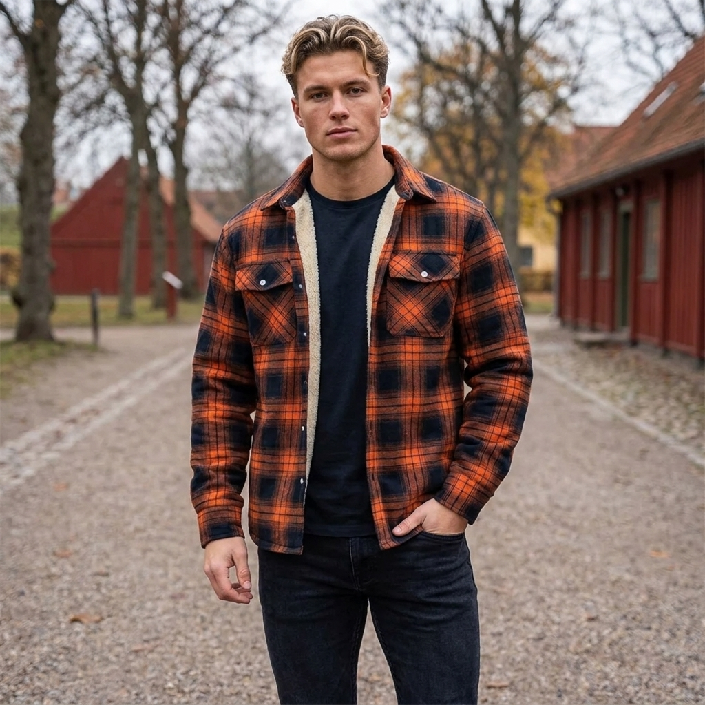 Sherpa-foret Ternet Jakke til Herre | Varm Sherpa-foring & Klassisk Skovmandsdesign | Komfort til Kølige Dage