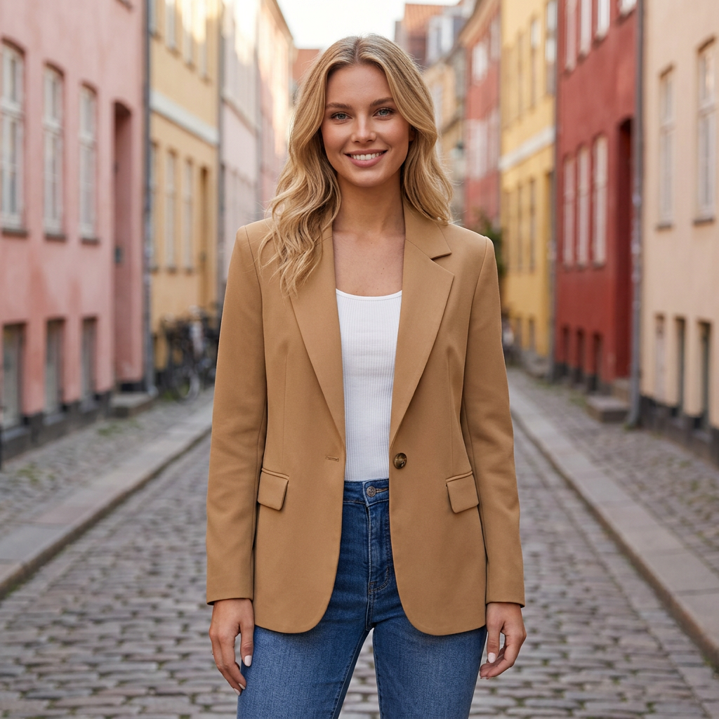 Blazer med Reverskrave og Enkelt Knap | Skræddersyet Pasform & Tidløst Design | Elegant til Arbejde og Hverdag