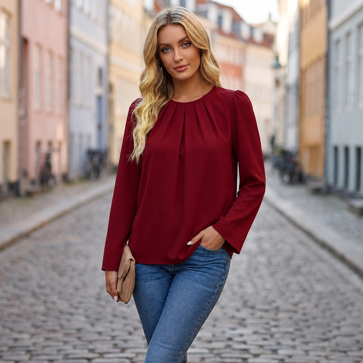 Bluse med Rund Halsudskæring og Pufærmer | Elegant Lægdetalje & Feminin Pasform | Stilfuld Komfort til Hverdag og Arbejde