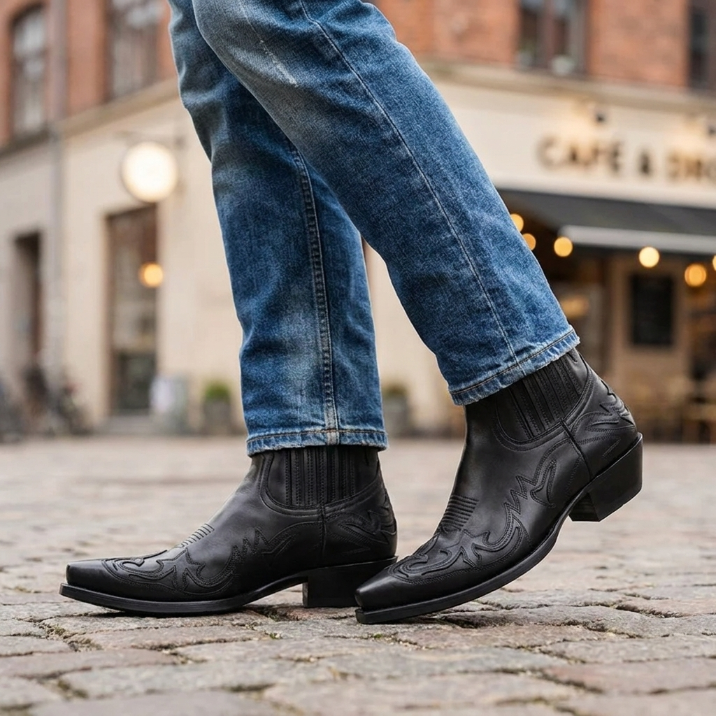 Cowboystøvler med Broderede Detaljer | Spids Tå & Komfortabel Blokhæl | Klassisk Westernstil