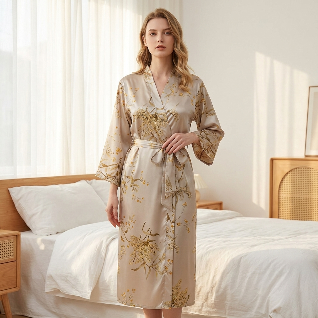 Afslappet Pyjamas med Slå-om Design | Bindebælte & Satinlook | Elegant Komfort til Afslapning