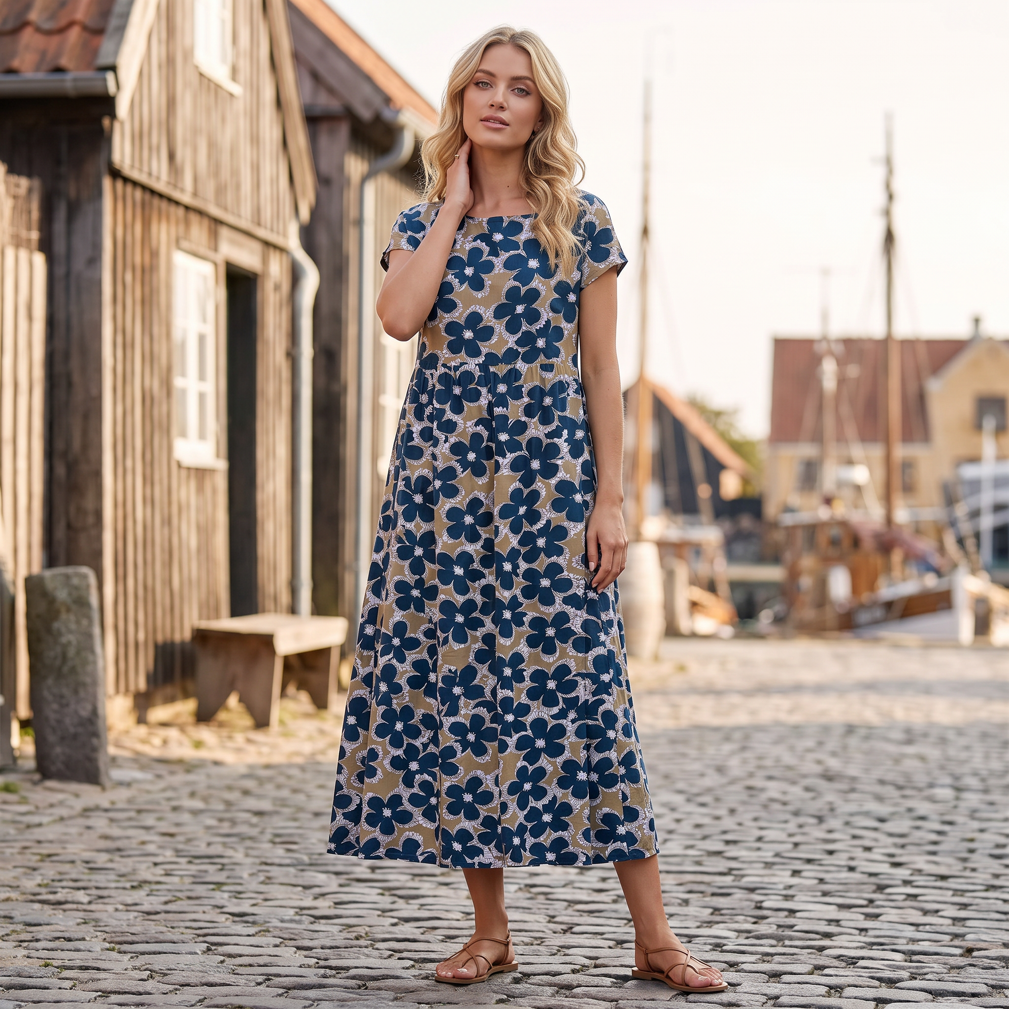 Blomstret Midi-kjole med Lommer | Rund Hals & Afslappet Pasform | Komfortabel Elegance til Hverdagen