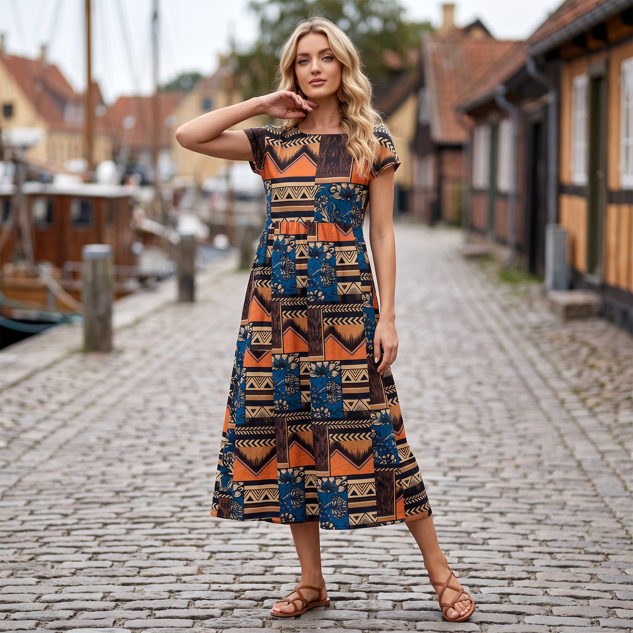 Blomstret Midi-kjole med Lommer | Rund Hals & Afslappet Pasform | Komfortabel Elegance til Hverdagen