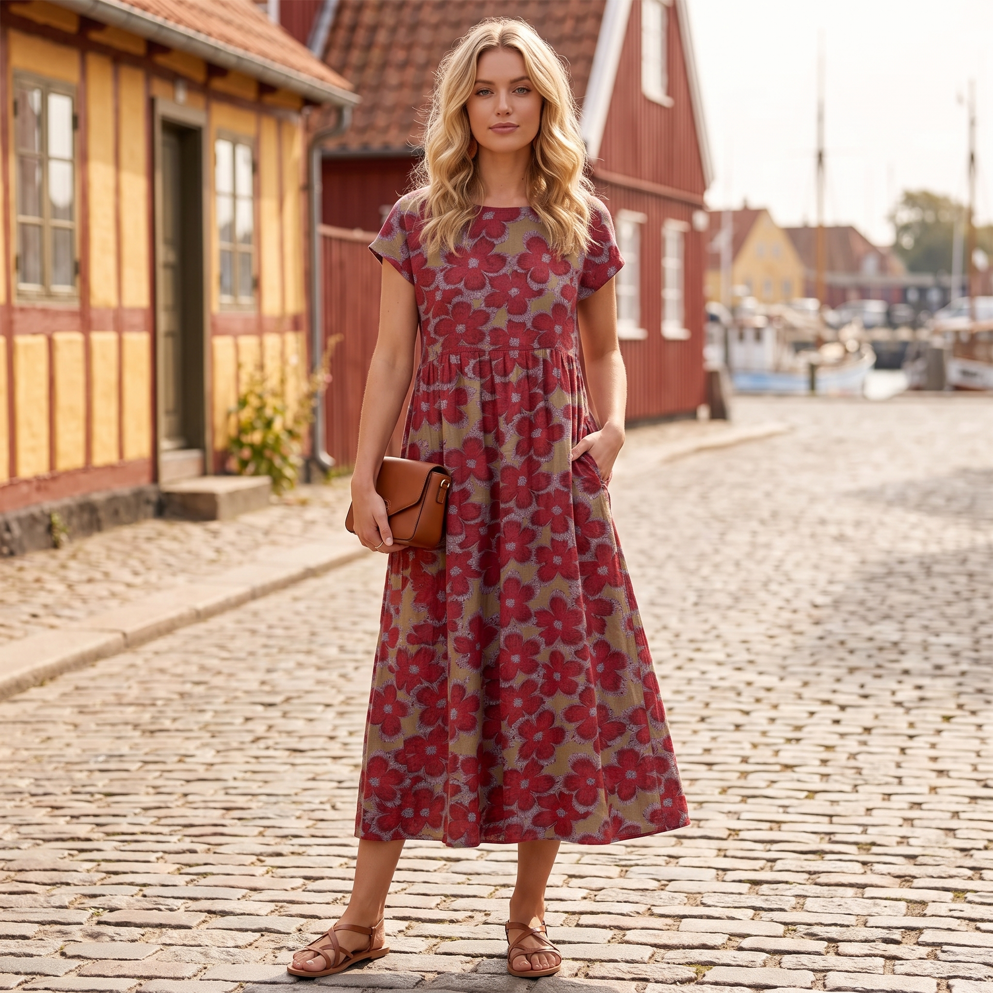 Blomstret Midi-kjole med Lommer | Rund Hals & Afslappet Pasform | Komfortabel Elegance til Hverdagen