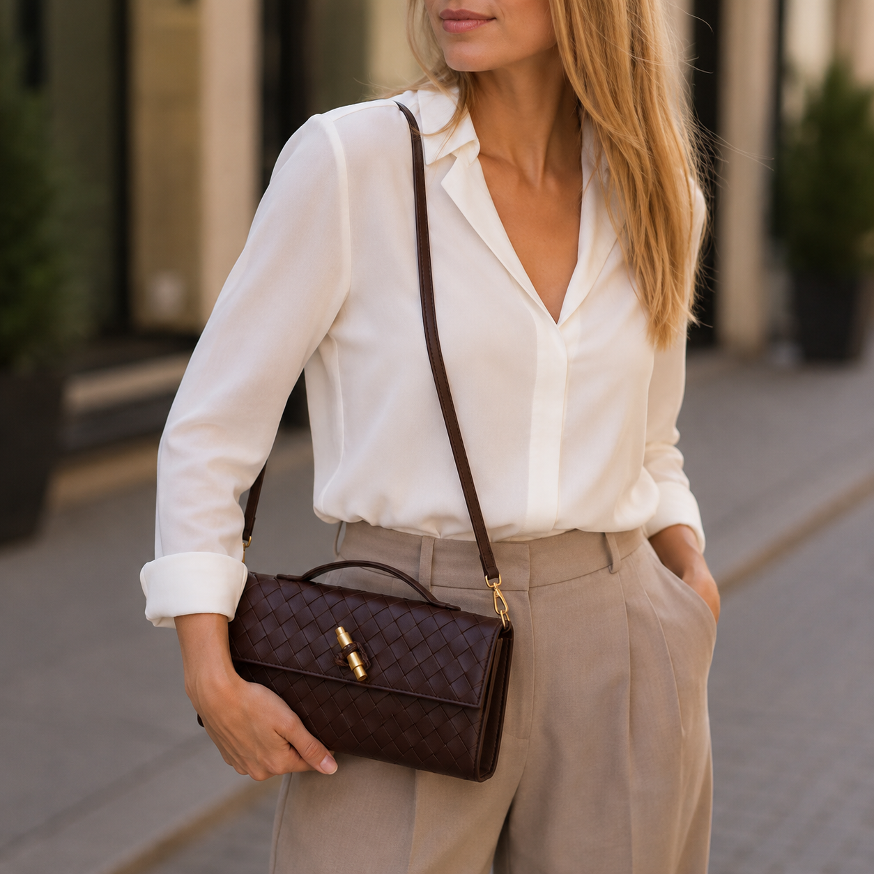 Luksuriøs Vævet Clutch-taske med Skulderrem | Elegant Foldoverdesign & Magnetlukning | Tidløs Stil til Fest og Hverdag