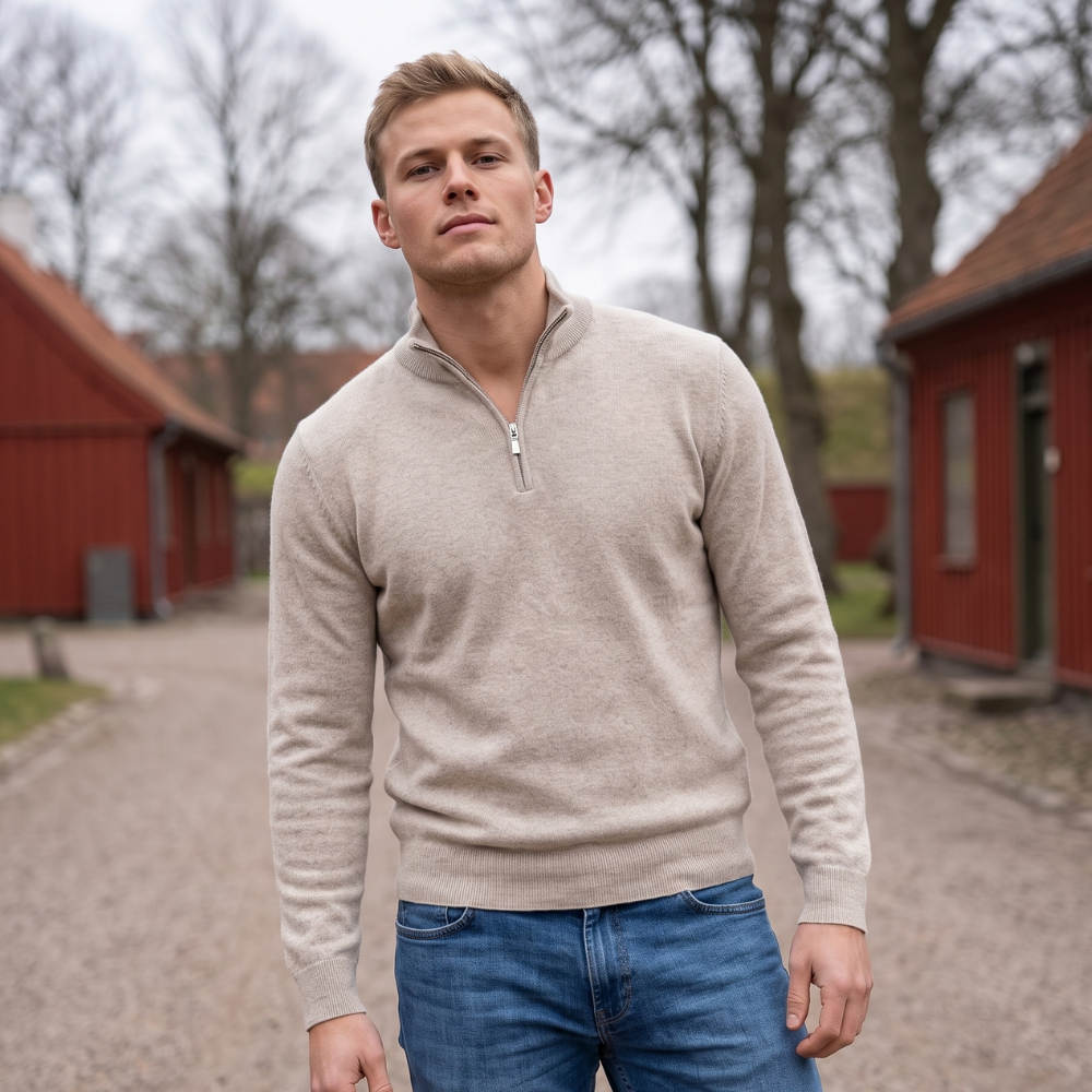 Premium Strikpullover med Lynlås | Høj Krave & Klassisk Pasform | Elegant Komfort til Hverdagen