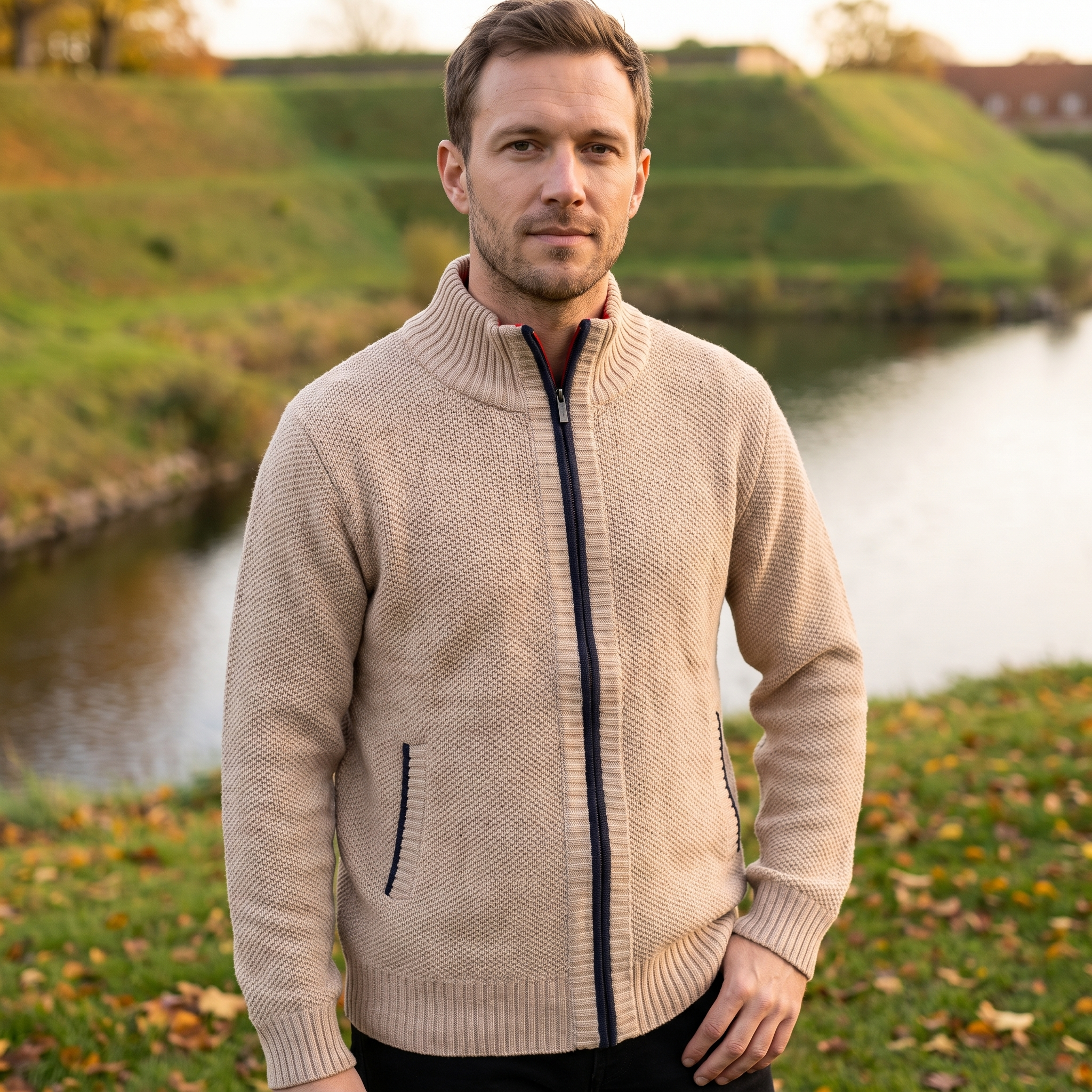 Klassisk Cardigan Med Lynlås Til Mænd Med Ståkrave Og Elegant Pasform