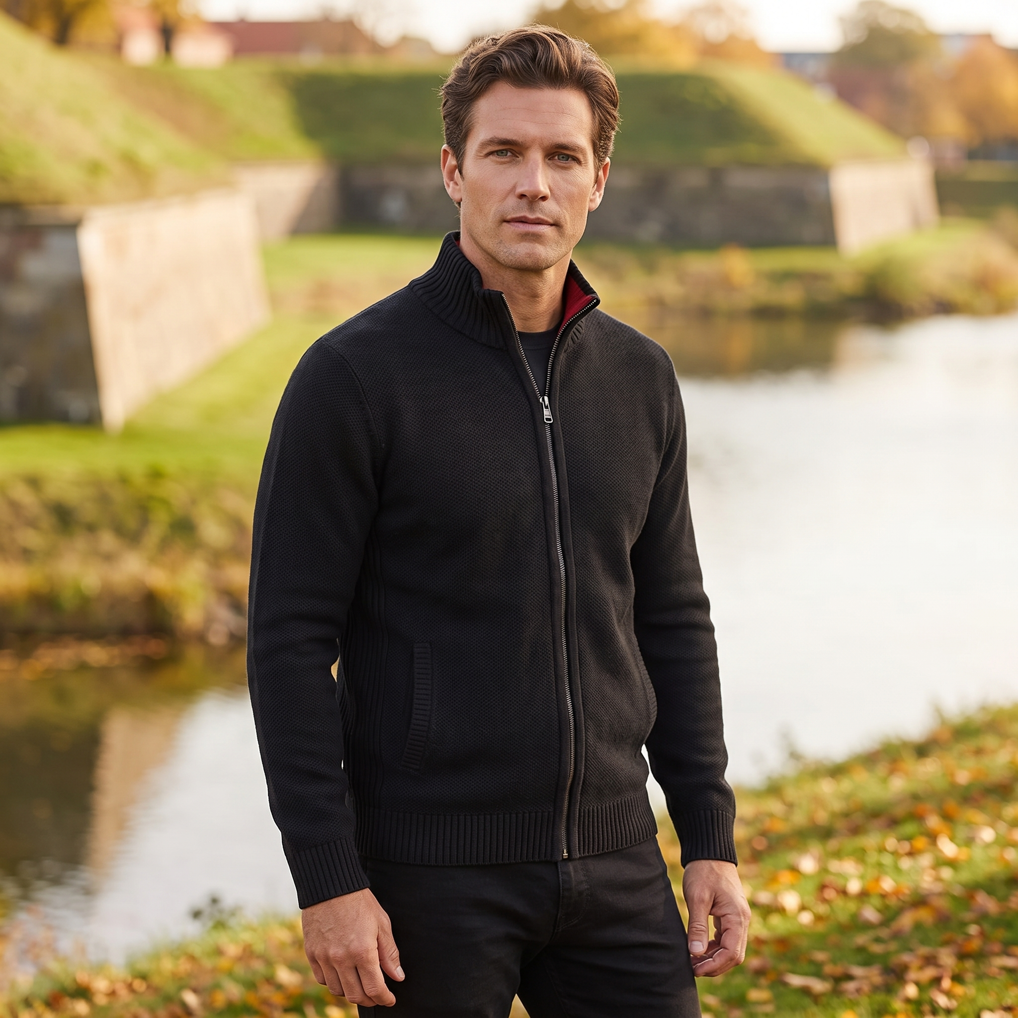 Klassisk Cardigan Med Lynlås Til Mænd Med Ståkrave Og Elegant Pasform
