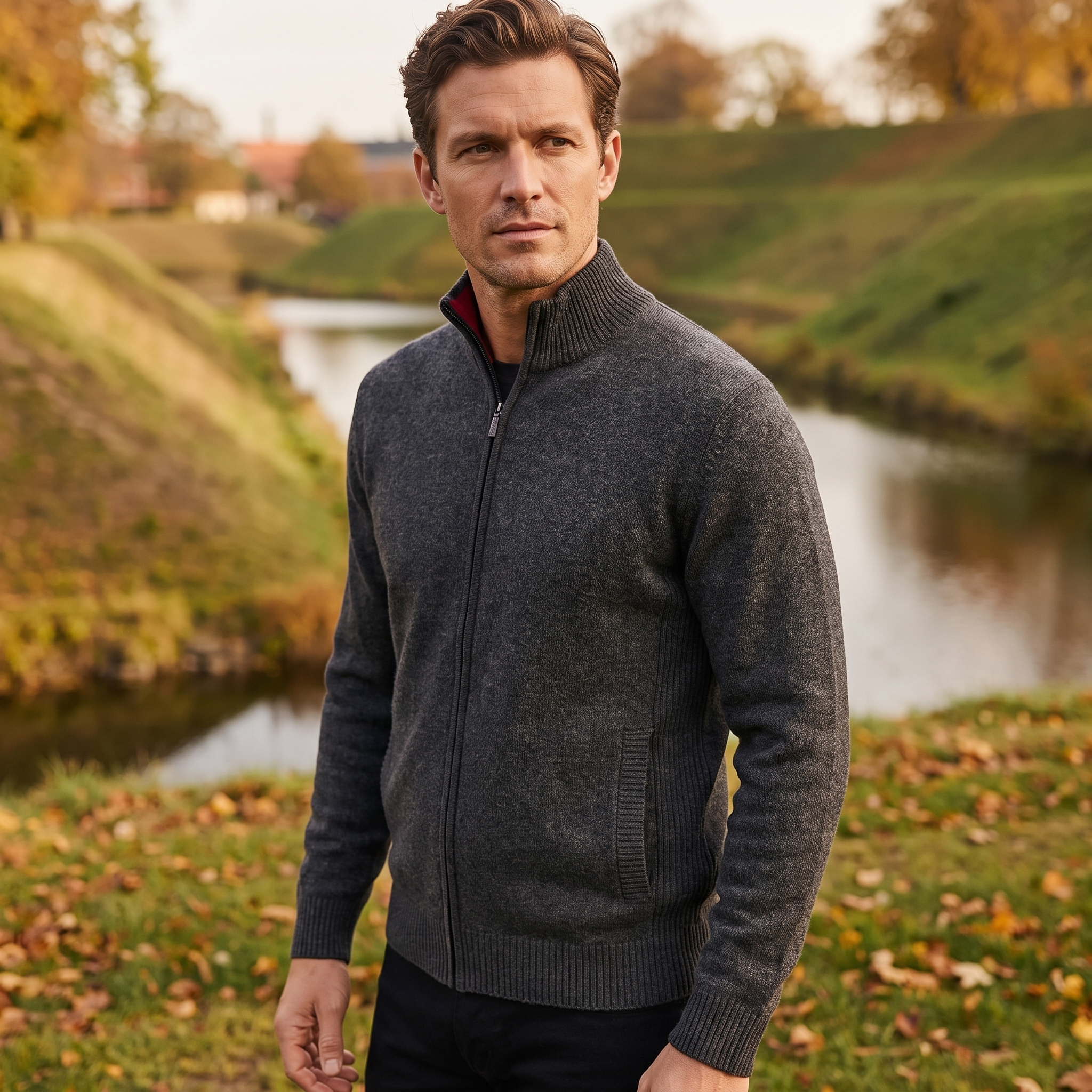 Klassisk Cardigan Med Lynlås Til Mænd Med Ståkrave Og Elegant Pasform