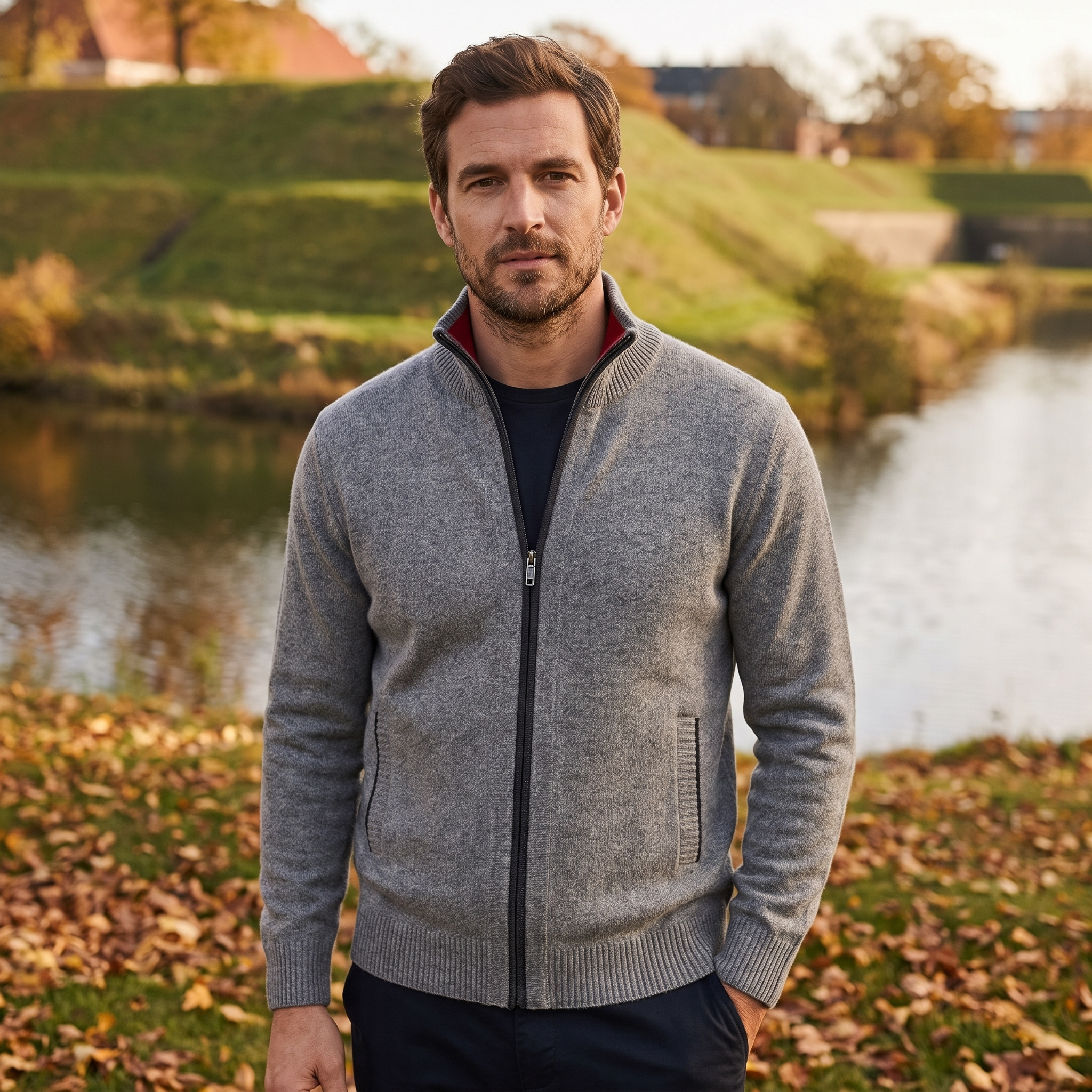 Klassisk Cardigan Med Lynlås Til Mænd Med Ståkrave Og Elegant Pasform